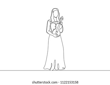 A continuous one drawn single line of a musician is played by a violinist woman. Classical music, concert, cello, play, violin, classical, instrument, string, music, fiddler, performer, artistic