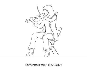 A continuous one drawn single line of a musician is played by a violinist woman. Classical music, concert, cello, play, violin, classical, instrument, string, music, fiddler, performer, artistic