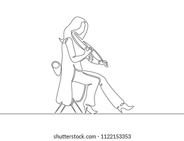 A continuous one drawn single line of a musician is played by a violinist woman. Classical music, concert, cello, play, violin, classical, instrument, string, music, fiddler, performer, artistic