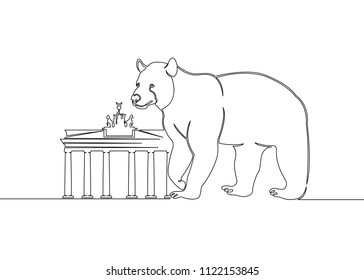 Continuous one drawn single line symbol of the city Berlin animal bear. Historical illustration of the logo of the German coat of arms of the capital of Germany.