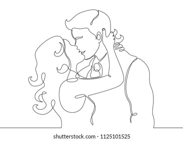 Continuous one drawn single line of romantic kiss of two lovers, newlyweds, young people.Loving couple embracing and kissing, valentines day,women and men in love.Heads of kissing