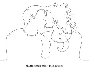 Continuous one drawn single line of romantic kiss of two lovers, newlyweds, young people.Loving couple embracing and kissing, valentines day,women and men in love.Heads of kissing