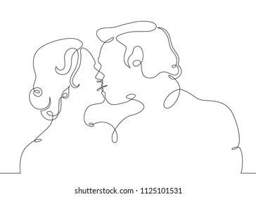 Continuous one drawn single line of romantic kiss of two lovers, newlyweds, young people.Loving couple embracing and kissing, valentines day,women and men in love.Heads of kissing