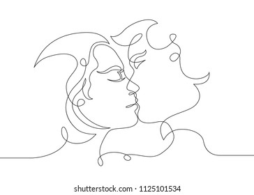 Continuous one drawn single line of romantic kiss of two lovers, newlyweds, young people.Loving couple embracing and kissing, valentines day,women and men in love.Heads of kissing