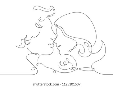 Continuous one drawn single line of romantic kiss of two lovers, newlyweds, young people.Loving couple embracing and kissing, valentines day,women and men in love.Heads of kissing