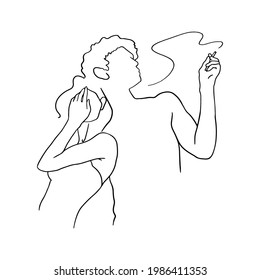 Continuous one drawn single line of two lovers smoking