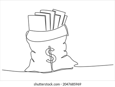 Continuous one drawn single line money bag. Concept of money storage, money, icon, bank, dollar, business, symbol, finance, vector, cash, sign, bag, currency, background, investment, banking.