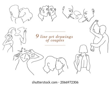 Continuous one drawn single line of romantic kiss of two lovers, newlyweds, young people. Loving couples embracing and kissing, Valentine's Day, women and men in love. Heads of kissing