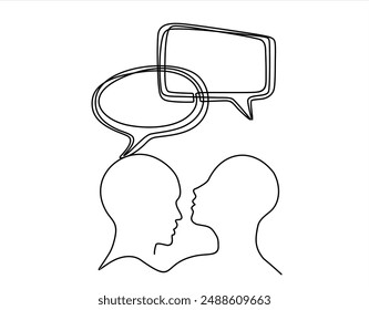 Continuous one lin drawing of two people talking, one person is speaking and the other listening with speech bubbles above their heads,