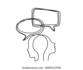 Continuous one lin drawing of two people talking, one person is speaking and the other listening with speech bubbles above their heads,