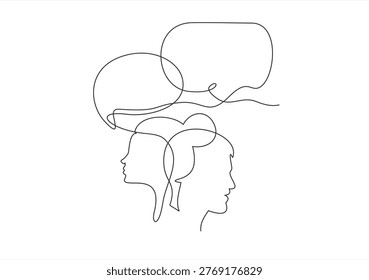 Continuous one lin drawing of two people talking, one person is speaking and the other listening with speech bubbles above their heads