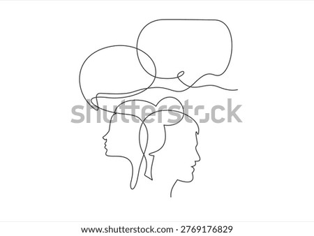 Continuous one lin drawing of two people talking, one person is speaking and the other listening with speech bubbles above their heads