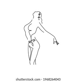 Continuous one line of abstract beautiful woman body in silhouette. Linear stylized. Minimal style.