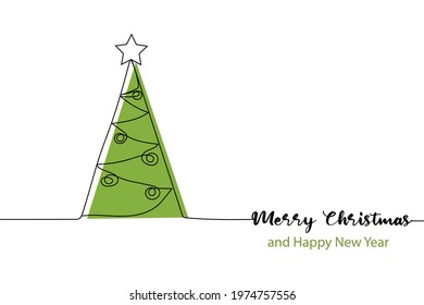 Continuous one line of abstract Christmas tree in silhouette. Linear stylized. Minimalist.