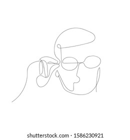 Continuous one line abstract man puts on glasses . Vector stock illustration.
