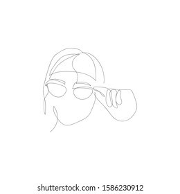 Continuous one line abstract woman puts on glasses . Vector stock illustration.