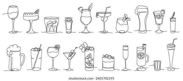 Continuous one line alcohol drinks. Alcoholic beverages glasses, from classic cocktails to craft beer, shots of strongest liquors and chill whiskey isolated vector illustration set of alcohol drink