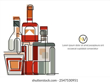 Bebidas alcohólicas continuas de una línea. Botellas y vasos de alcohol minimalistas, bebidas de bar Ilustración vectorial aislada conjunto de contorno botella de bebida líquida dibujar alcohol