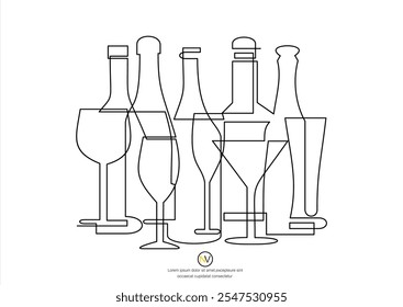 Bebidas alcohólicas continuas de una línea. Botellas y vasos de alcohol minimalistas, bebidas de bar Ilustración vectorial aislada conjunto de contorno botella de bebida líquida dibujar alcohol