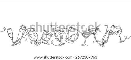 Continuous one line alcohol drinks. Alcoholic beverages glasses, from classic cocktails to craft beer,  liquors and chill whiskey isolated vector set of alcohol drink. Hand drawn. Editable stroke	
