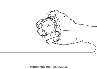 Continuous one line of analog stopwatch in hand in silhouette on a white background. Linear stylized.Minimalist.