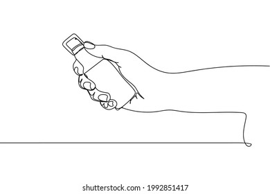 Una línea continua de pulverización antibacteriana para las manos antisépticas en la silueta sobre un fondo blanco. Linear estilizado.Minimalista.