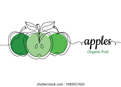 Continuous one line of apples in silhouette. Linear stylized.Minimalist. Organic fruit apples concept