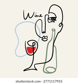 Continuous one line art of abstract face and wineglass, minimalist woman or man, hand-drawn wine lover lettering, elegant single vector logo. Perfect single linear clipart drawing for wineries, bars