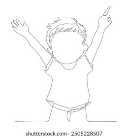 Continuous one line art of An active boy happily raising his hand.