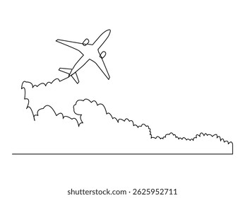Continuous one line art of Airplane path in clouds in the sky.