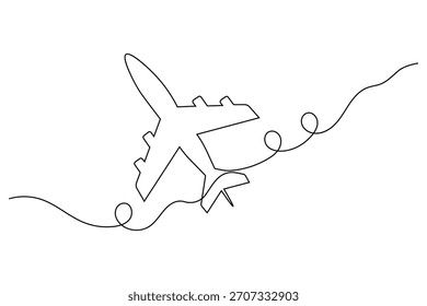 Dibujo continuo de un avión de arte de una línea que representa los conceptos globales de viajes y aviación