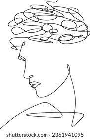 Continuous one line art anxiety drawing stress art making people confused about any problem. Vector illustration of a feeling of female clutter with round doodles instead of a head. Mindfulness Psycho