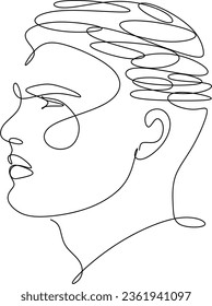 Continuous one line art anxiety drawing stress art making people confused about any problem. Vector illustration of a feeling of female clutter with round doodles instead of a head. Mindfulness Psycho