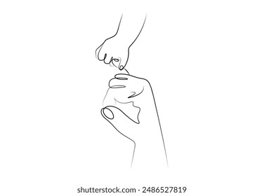Continuous one line art baby holding mother finger. Minimal line art, poster drawing vector illustration