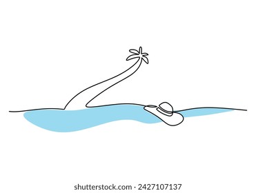Continuous one line art of beach drawing. Vector illustration landscape nature concept. Hat and coconut tree with sea.