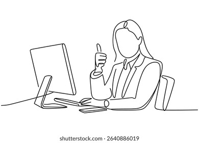 Continuous One Line art Business woman working on computer