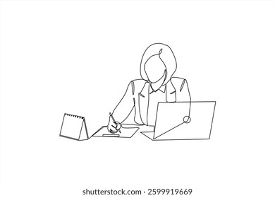 Continuous one Line art of businesswoman working on something seriously using a laptop and Business and financial concept design vector line art illustration