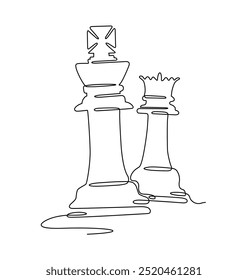 Continuous one line art of chess king and queen sketch isolated on white background. vector art illustration