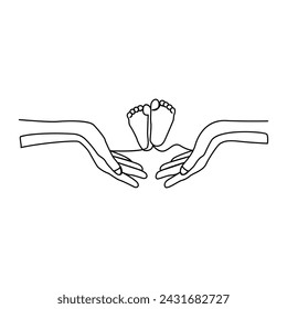 Continuous One Line art of children's legs in the hands of the mother