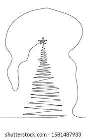 continuous one line art christmas tree with a star on top. Vertical Vector stock illustration with a black outline on a white background