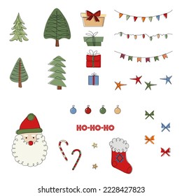 Imagen continua de una línea de iconos de Navidad con regalos, Papá Noel, calcetín, árboles, dulces, decoraciones, estrellas y cosas así