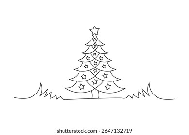 Continuous One Line art Christmas Design Elements Postcard Tree Sketch Premium Template Vector icon 
