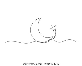 Continuous one line art crescent and star isolated vector illustration on white background.