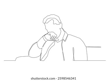 Continuous one line art of a crying man, his hand pressed to his face.