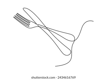 Continuous one line art of cutlery set. Isolated on white background vector illustration.