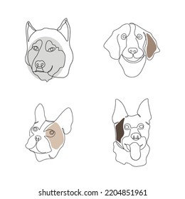 Continuous one line art of dog set characters portraits