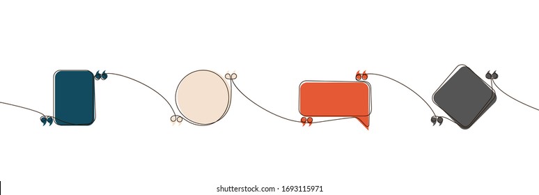 dibujo en línea continua Dibujo en línea Plantillas de burbuja de voz de presupuesto establecidas en blanco. Diseño minimal moderno, diseño continuo de una línea de arte tipografía de diseño plano nube. Establecer la burbuja de palabras de comillas aisladas en blanco.