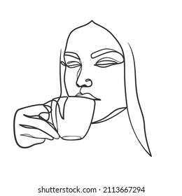 Dibujo continuo de una línea de arte de una mujer tomando café. Dibujo de una línea de café