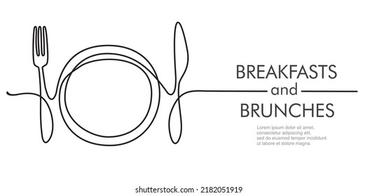 Continuous one line art or One Line Drawing of plate, knife and fork. Restaurant concept hand draw line art design vector illustration for cafe, shop or food delivery service