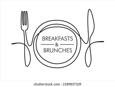 Continuous one line art or One Line Drawing of plate, knife and fork. Restaurant concept hand draw line art design vector illustration for cafe, shop or food delivery service